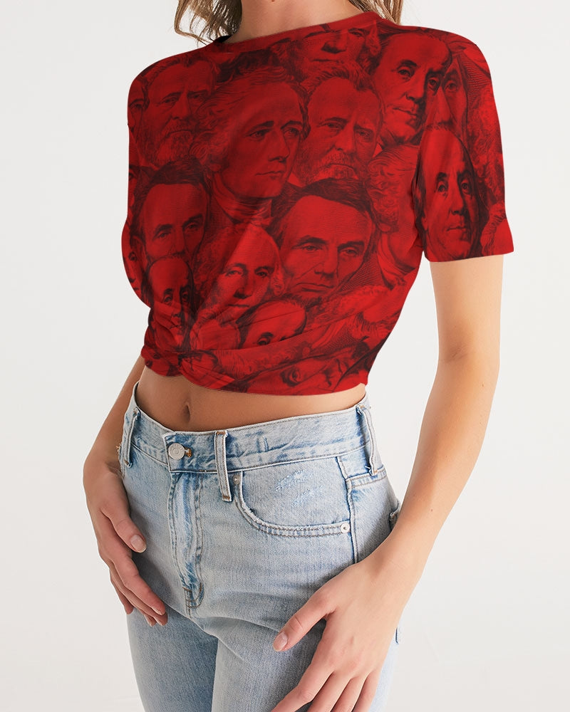 Currency Collage Women's Twist-Front Cropped Tee - Blood Money