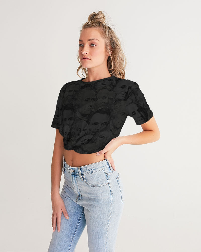 Currency Collage Women's Twist-Front Cropped Tee - Carbon