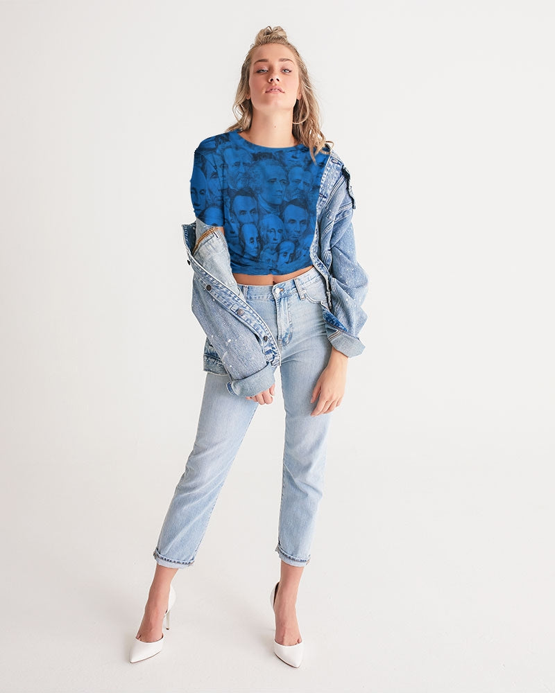 Currency Collage Women's Twist-Front Cropped Tee - Blue Racks